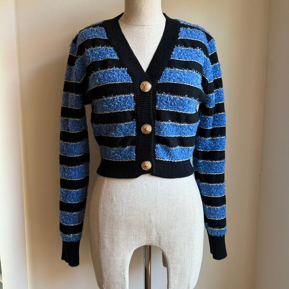 Cider Blue Black Striped Cropped Cardigan Gold Buttons Women’s Medium - Picture 3 of 13